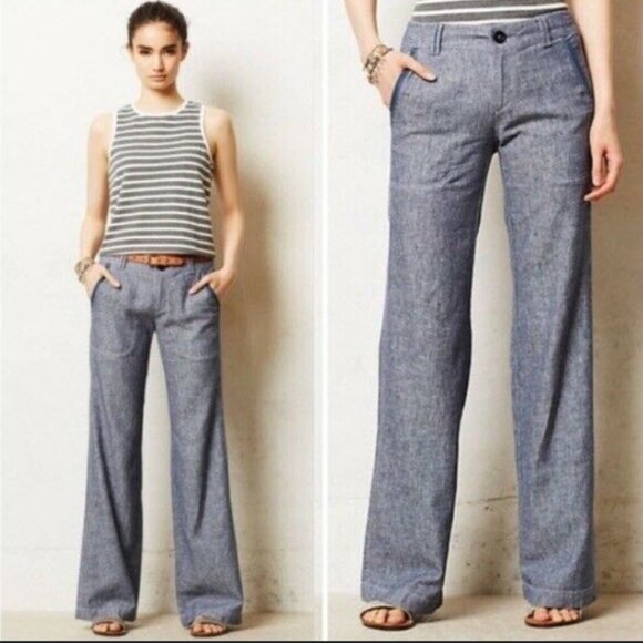 ANTHROPOLOGIE Pilcro Wide Leg Linen Blend Pants blue white coastal size 4 - Picture 1 of 7